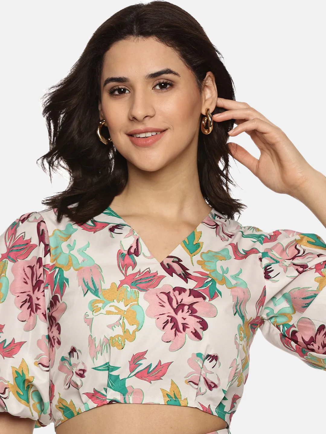 IS.U Floral Multicolor Puff Sleeve Crop Top