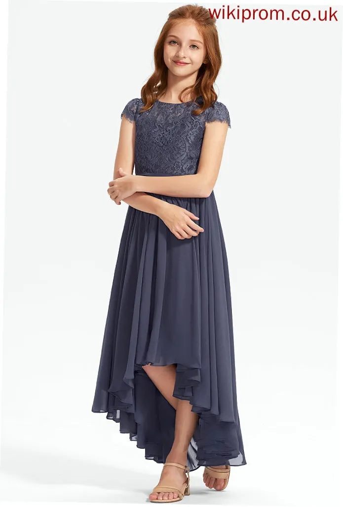 Lace Viviana Chiffon Neck Scoop Asymmetrical Junior Bridesmaid Dresses A-Line