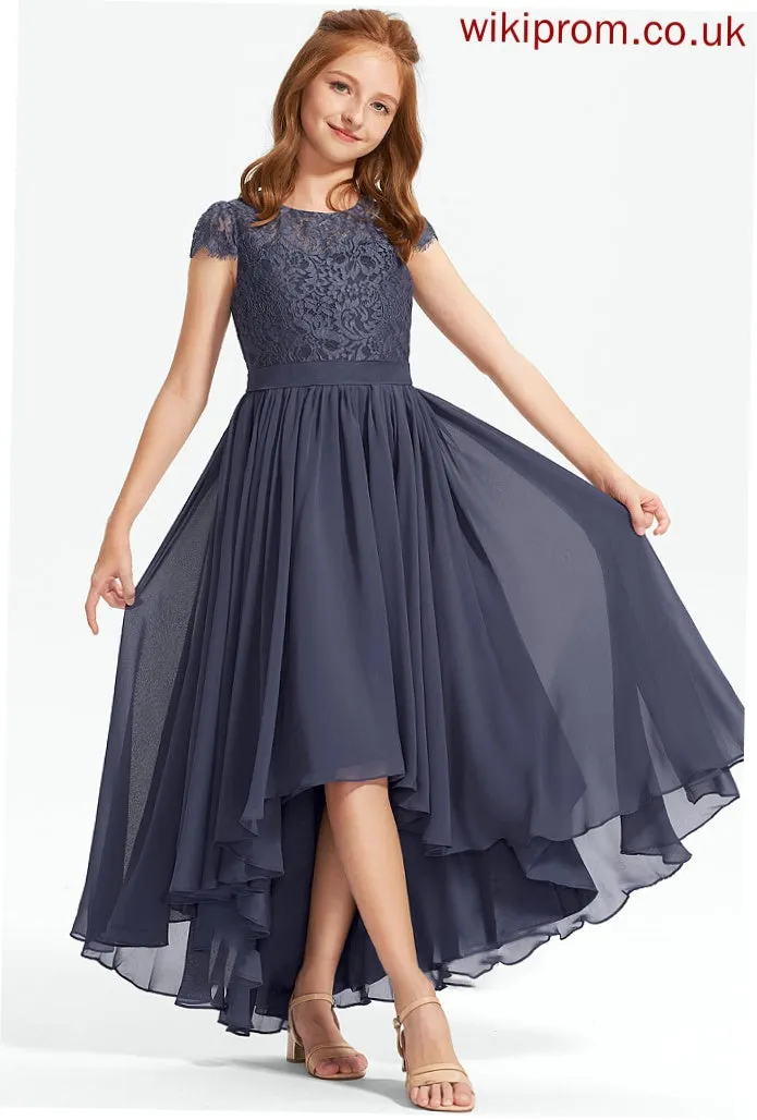 Lace Viviana Chiffon Neck Scoop Asymmetrical Junior Bridesmaid Dresses A-Line