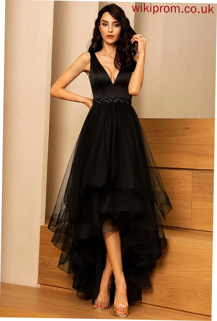 Length Asymmetrical V-neck Neckline Tulle Beading Sleeve Fabric Embellishment Hayley V-Neck A-Line/Princess Bridesmaid Dresses