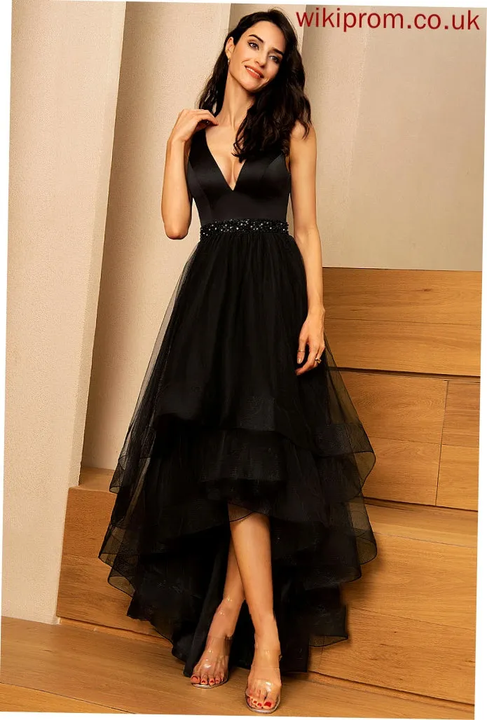 Length Asymmetrical V-neck Neckline Tulle Beading Sleeve Fabric Embellishment Hayley V-Neck A-Line/Princess Bridesmaid Dresses