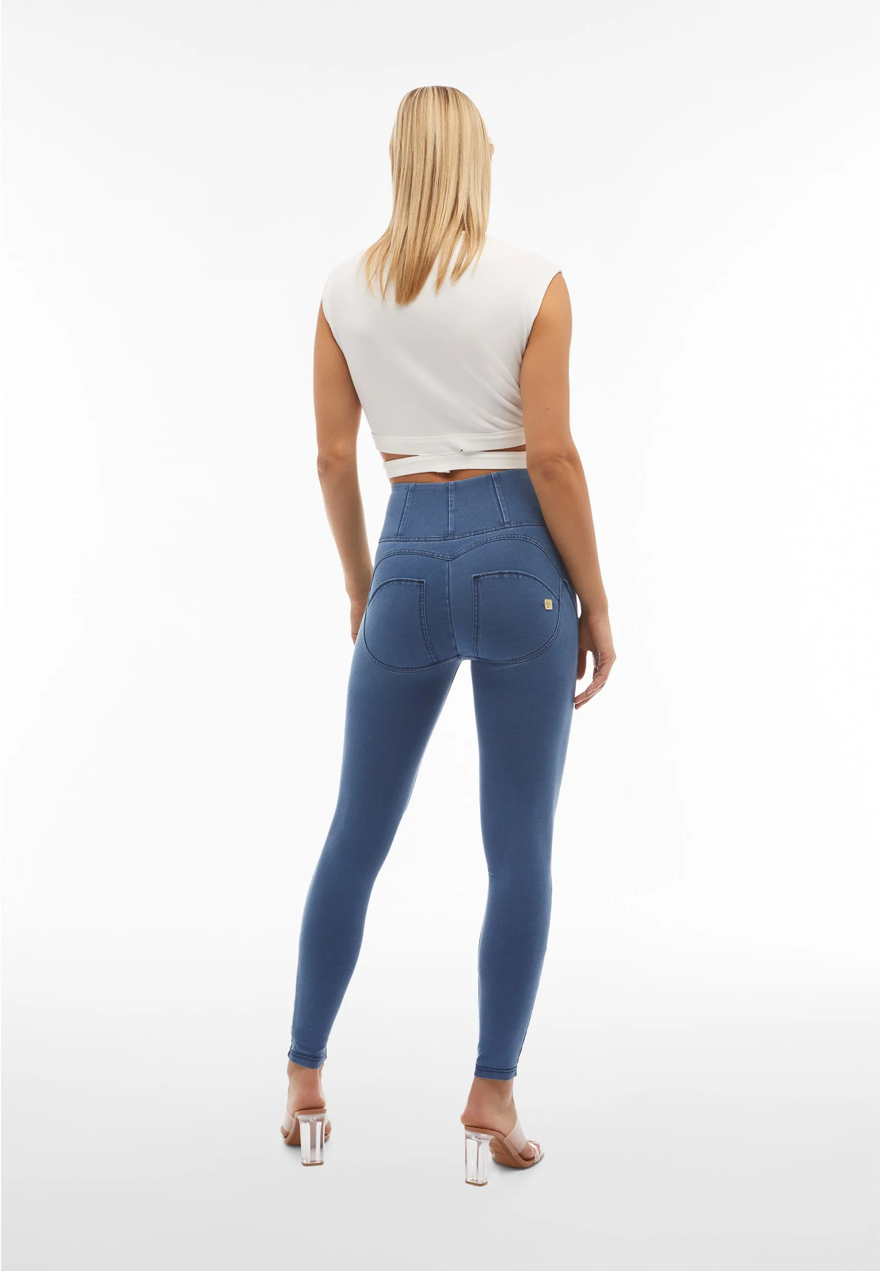 Light Denim High-Rise Full-Length Pants with Blue Stitch