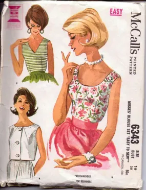 McCalls 6343 Vintage 1960's Sewing Pattern Ladies Sleeveless Blouse Dart Fitted Tuck In or Over Blouse