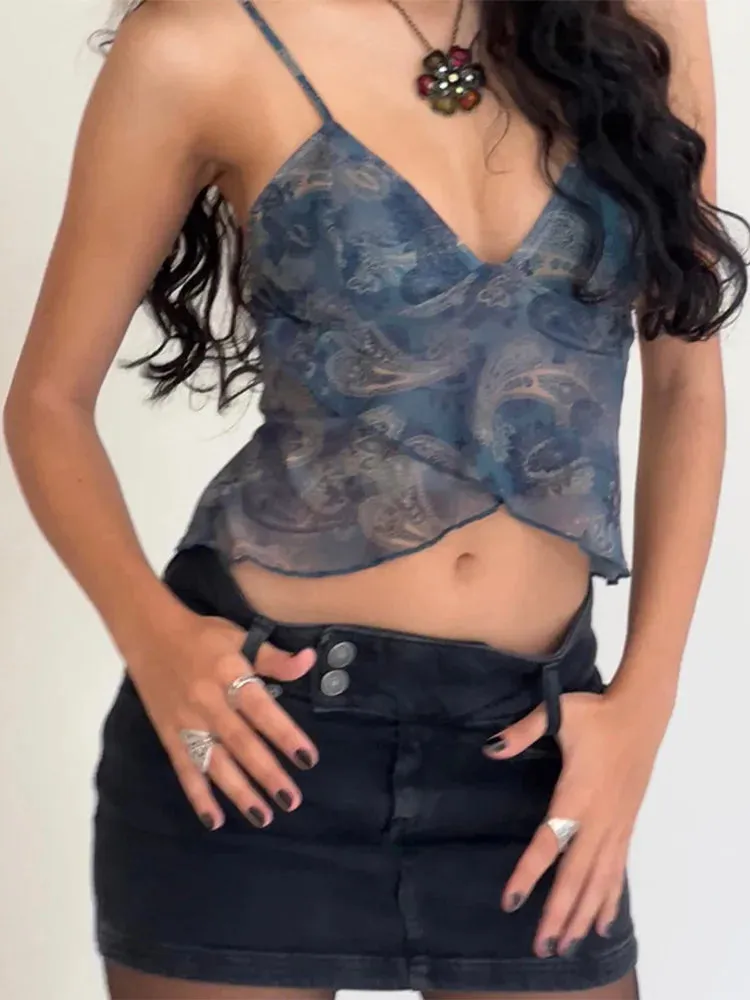 Mesh See Through Printed Crop Top