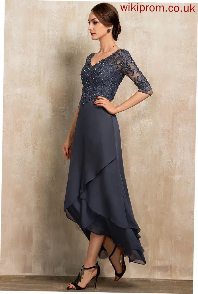 Mother Chiffon V-neck of Lace Asymmetrical A-Line Mother of the Bride Dresses Brenna Bride the With Beading Dress Sequins