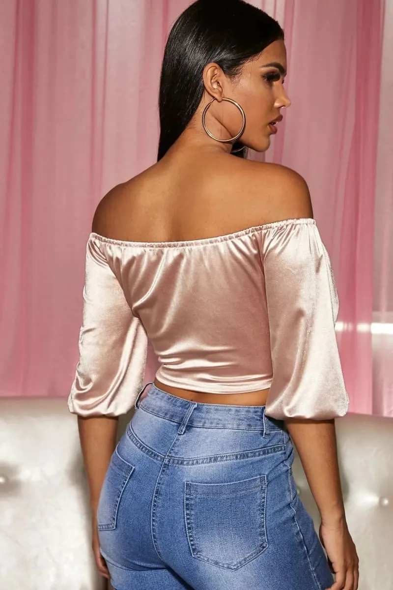 Nude Off Shoulder Front Tie Loose Satin Crop Top