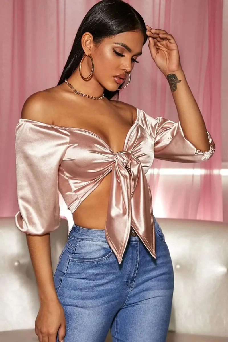 Nude Off Shoulder Front Tie Loose Satin Crop Top