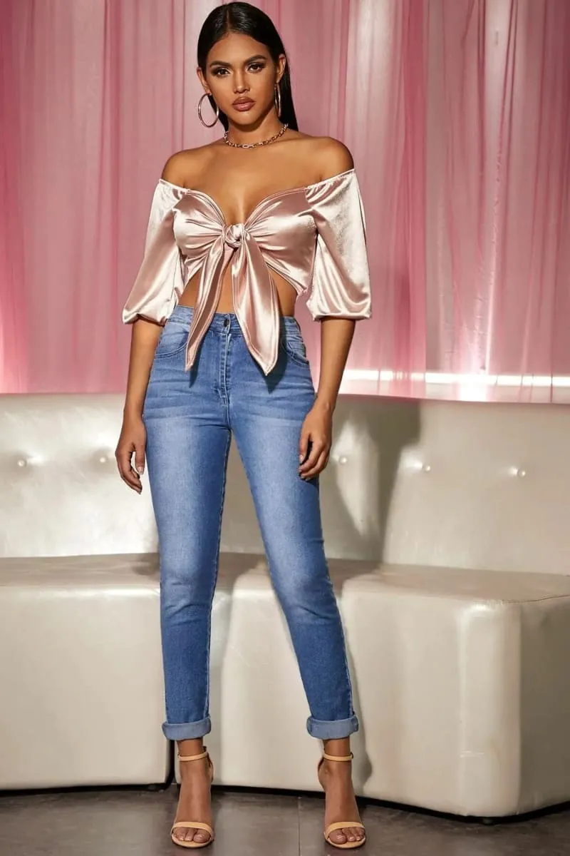 Nude Off Shoulder Front Tie Loose Satin Crop Top