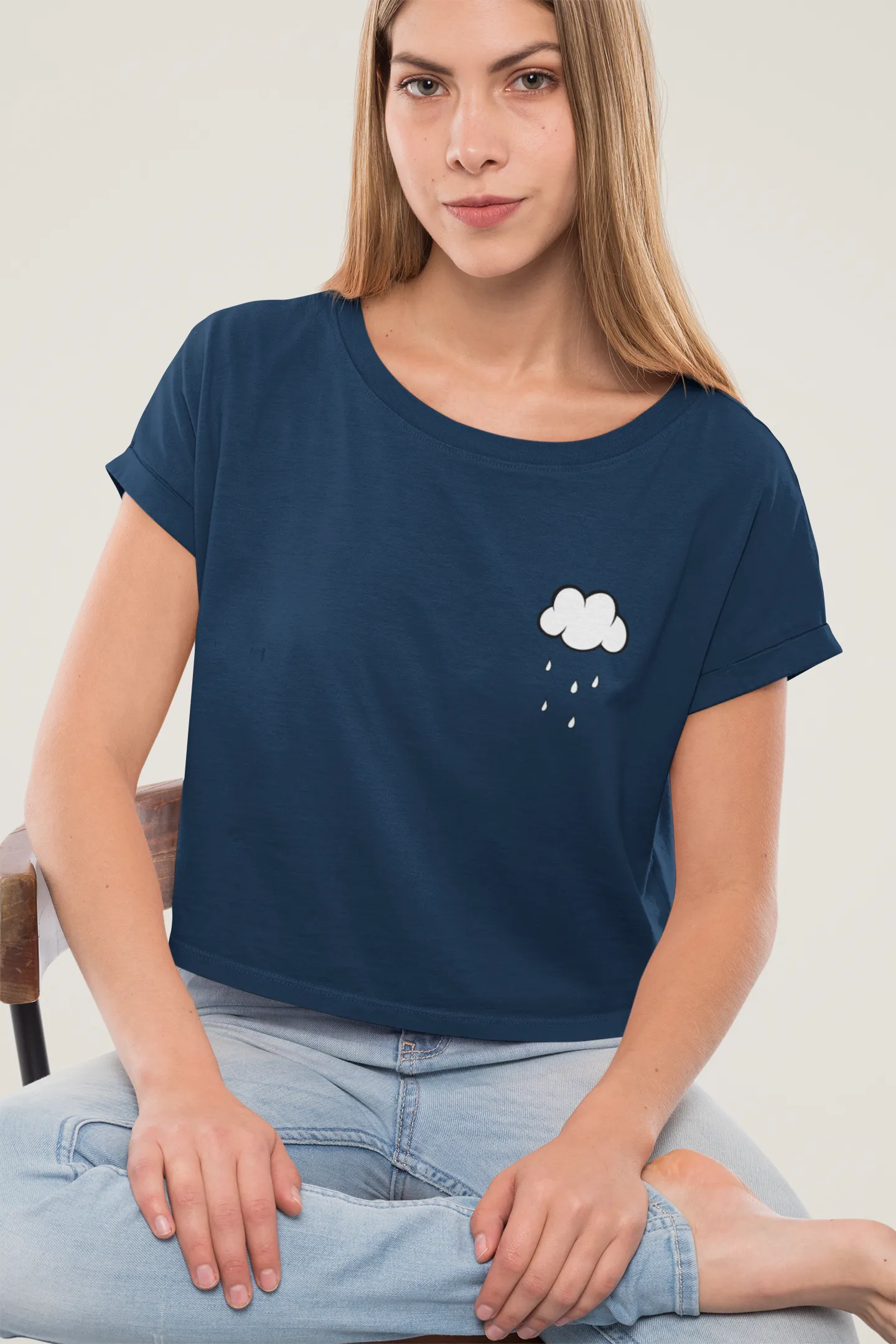 " CLOUDS AND RAINS " Half-sleeve Pocket Design Crop Top's