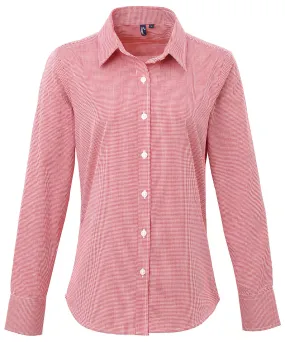 Red/White - Women's Microcheck (Gingham) long sleeve cotton shirt