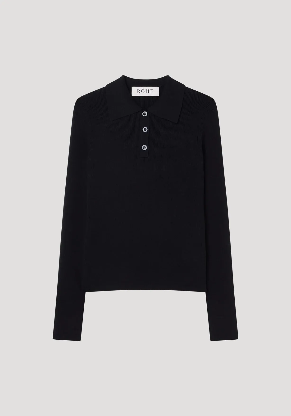 Rib Knitted Long Sleeve Polo - Black