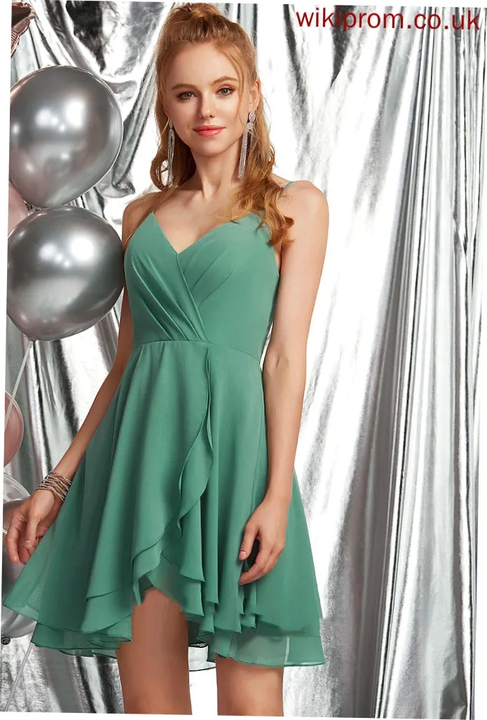 Ruffles Cascading Chiffon Homecoming A-Line Penny Dress V-neck With Ruffle Homecoming Dresses Asymmetrical