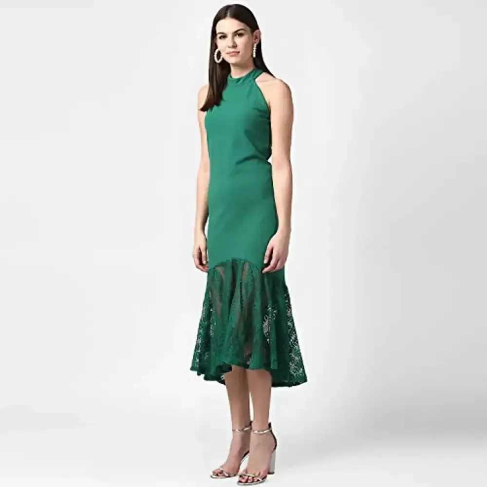 StyleStone Women's Green Asymmetrical Lace Dress