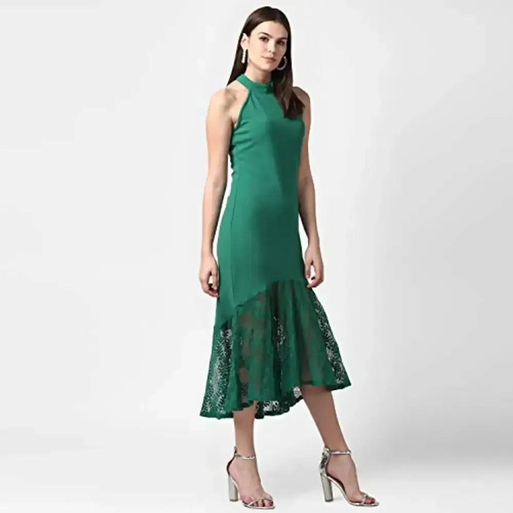 StyleStone Women's Green Asymmetrical Lace Dress