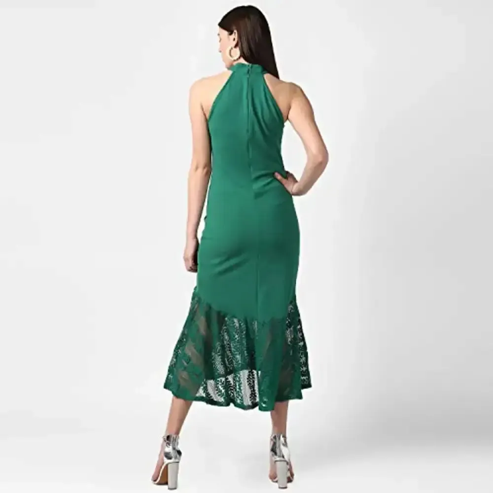 StyleStone Women's Green Asymmetrical Lace Dress