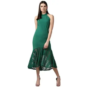 StyleStone Women's Green Asymmetrical Lace Dress