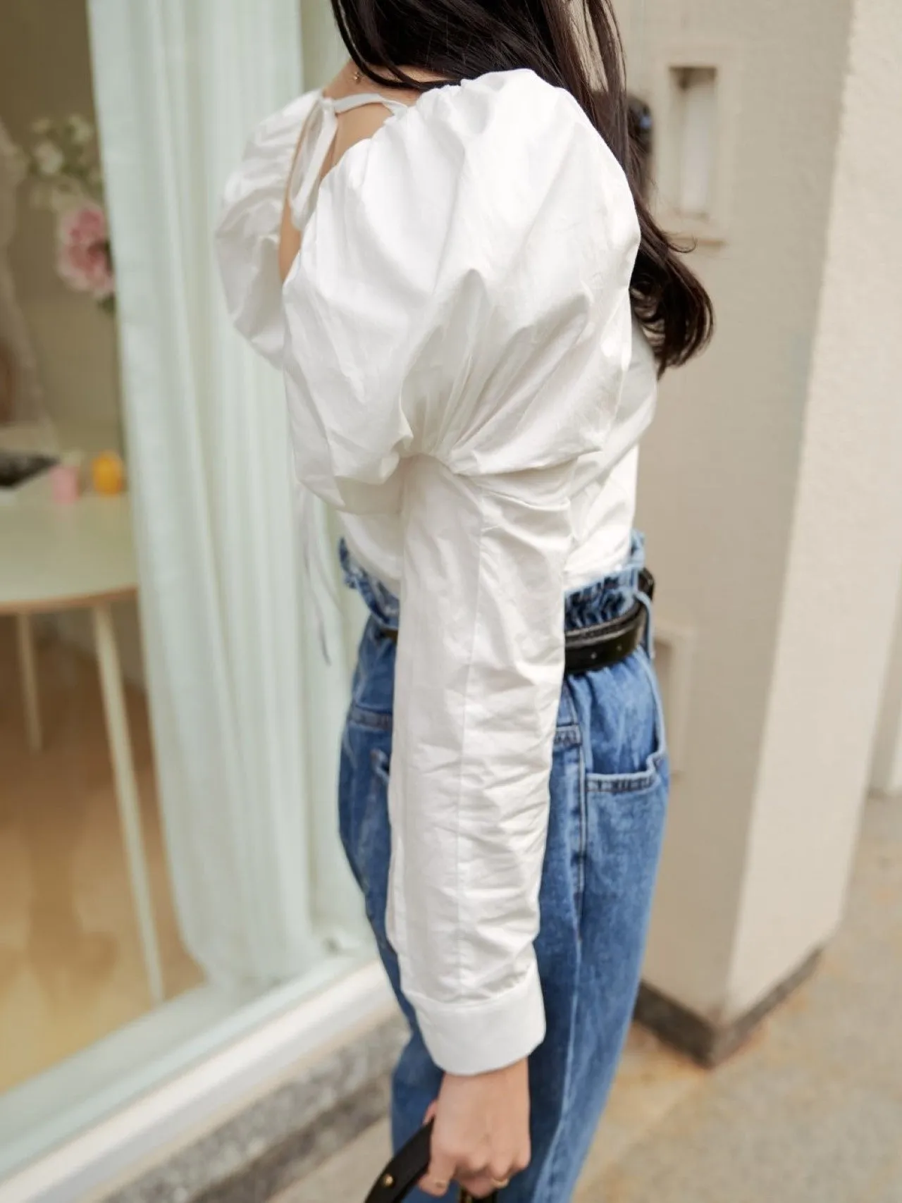 SWEETHEART BALLOON SHOULDER COTTON BLOUSE