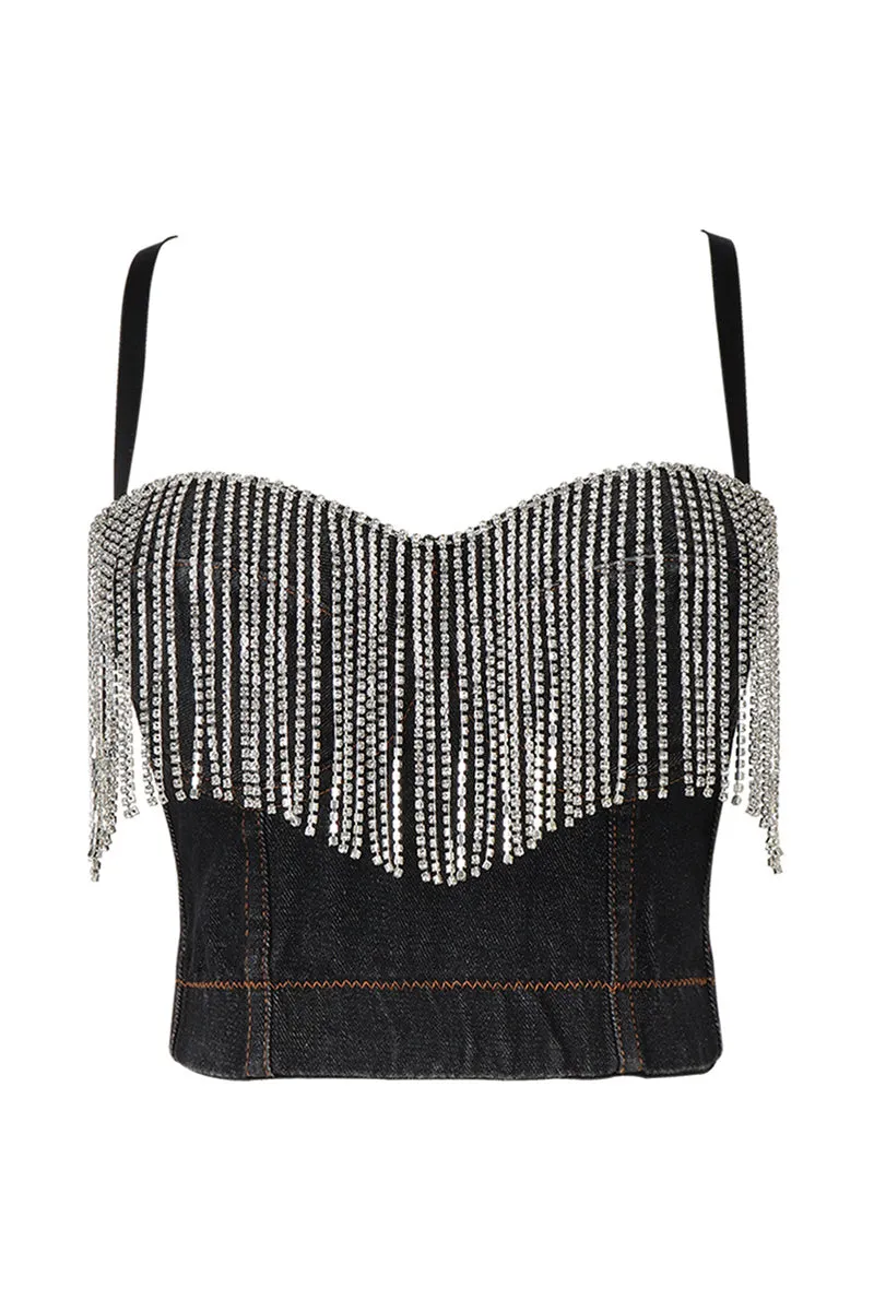 TD1101 Rhinestone Fringe Cami Denim Top