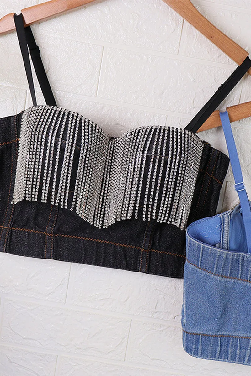 TD1101 Rhinestone Fringe Cami Denim Top