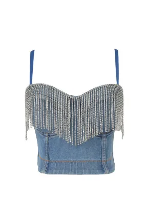 TD1101 Rhinestone Fringe Cami Denim Top