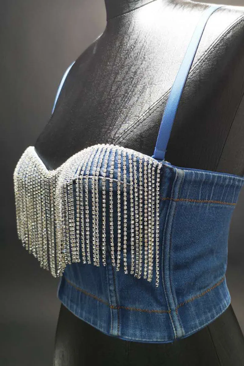 TD1101 Rhinestone Fringe Cami Denim Top