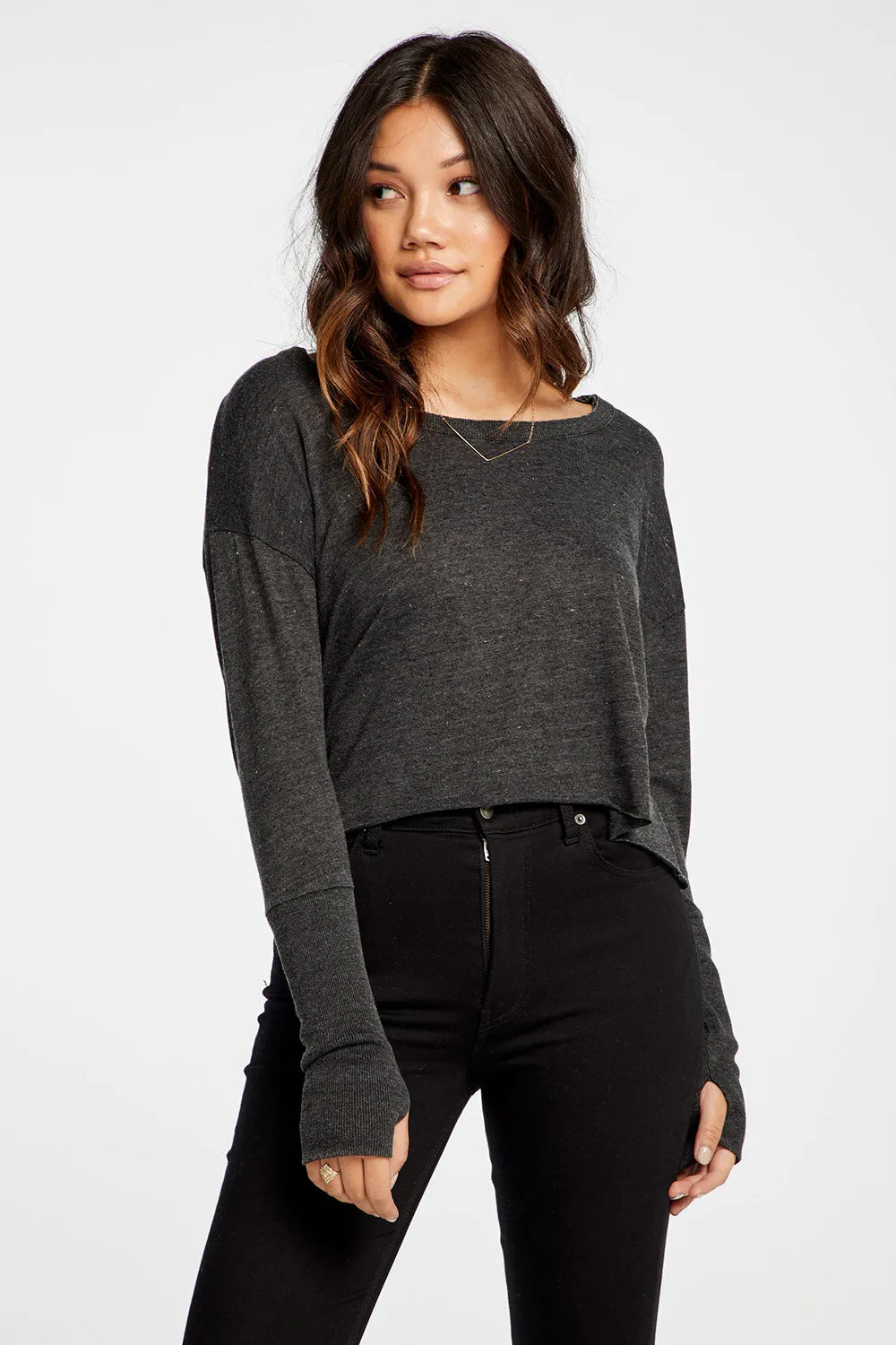 Triblend Jersey Cropped Open Neck Long Sleeve Thumbhole Tee