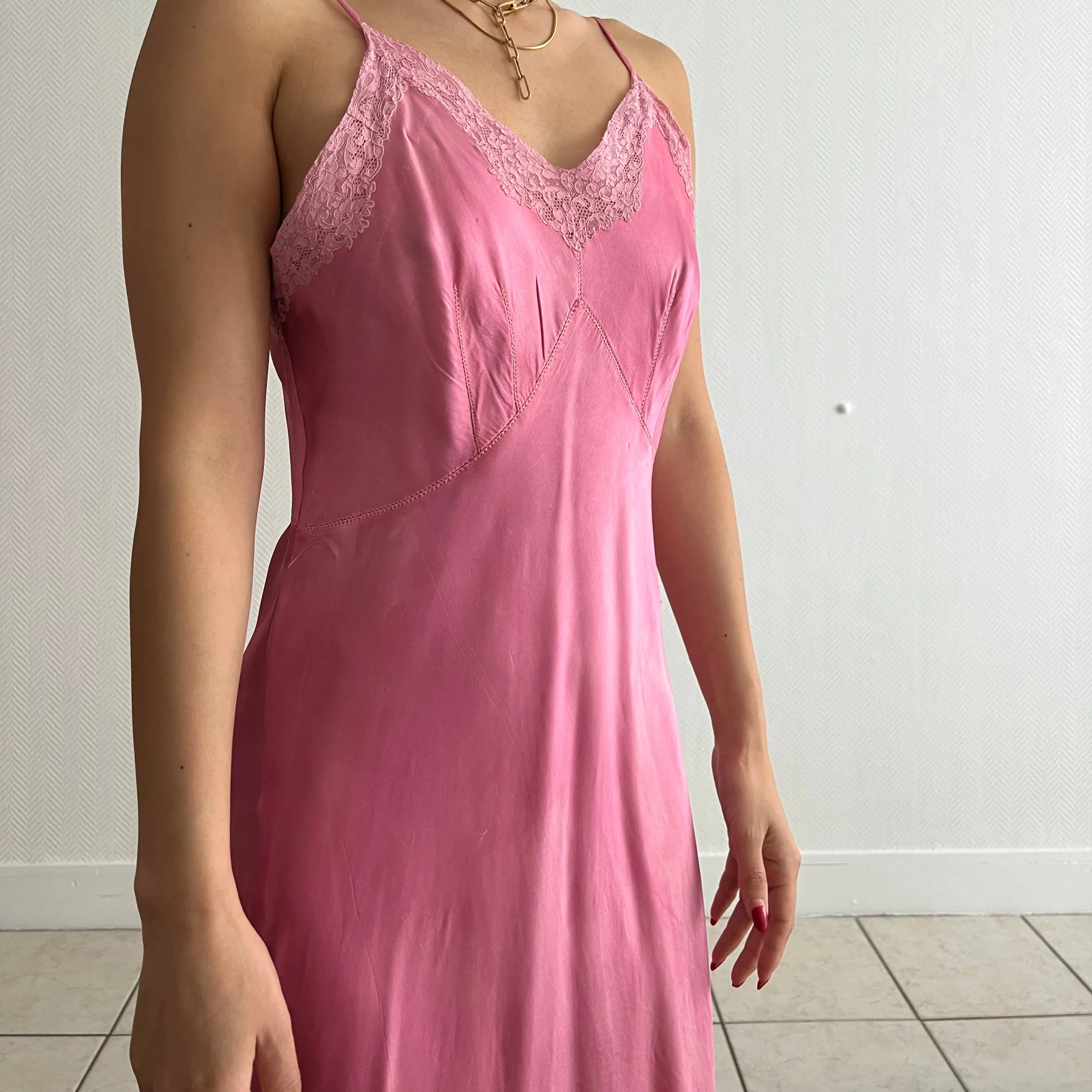 Vintage 1940s hand dyed fuschia silk slip dress