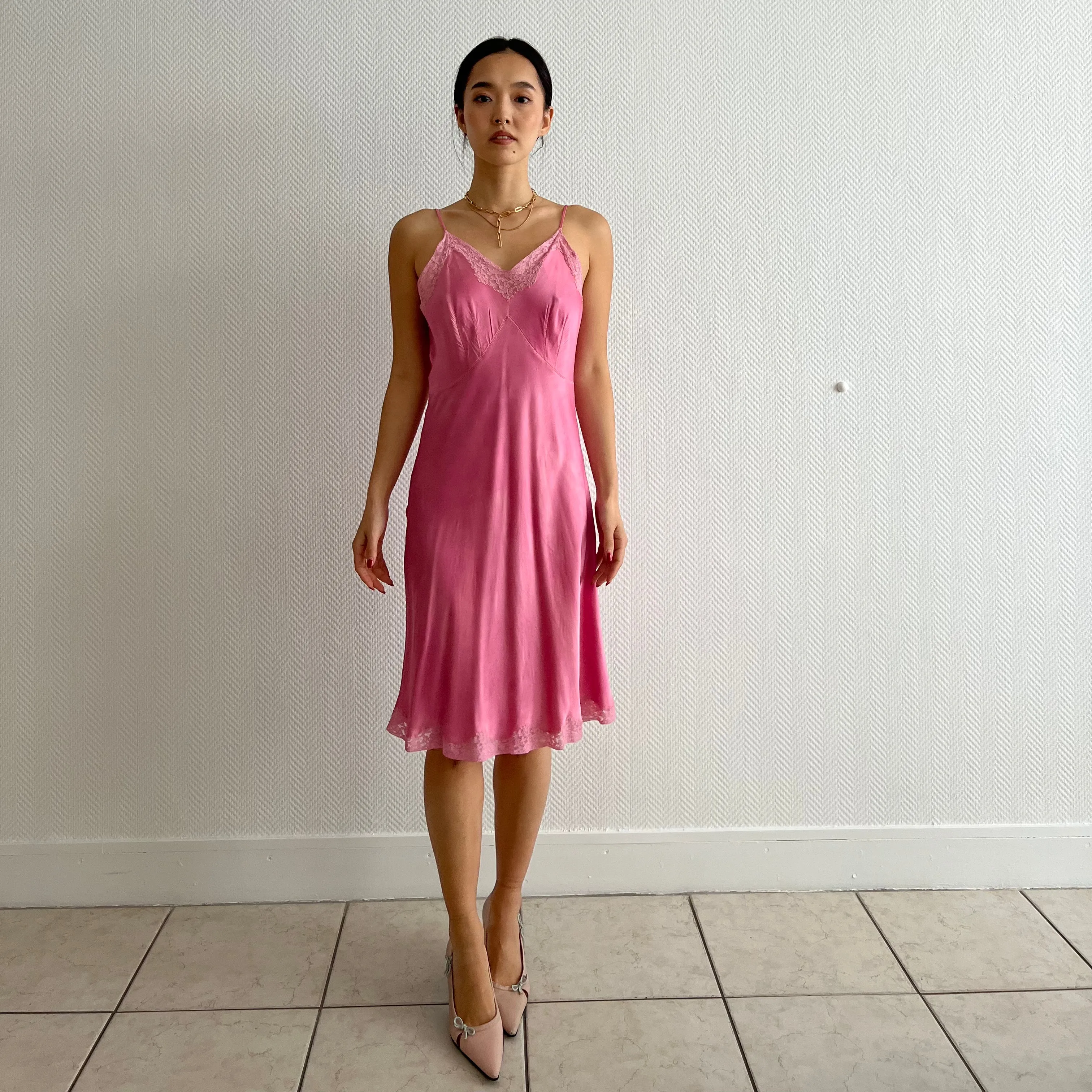 Vintage 1940s hand dyed fuschia silk slip dress