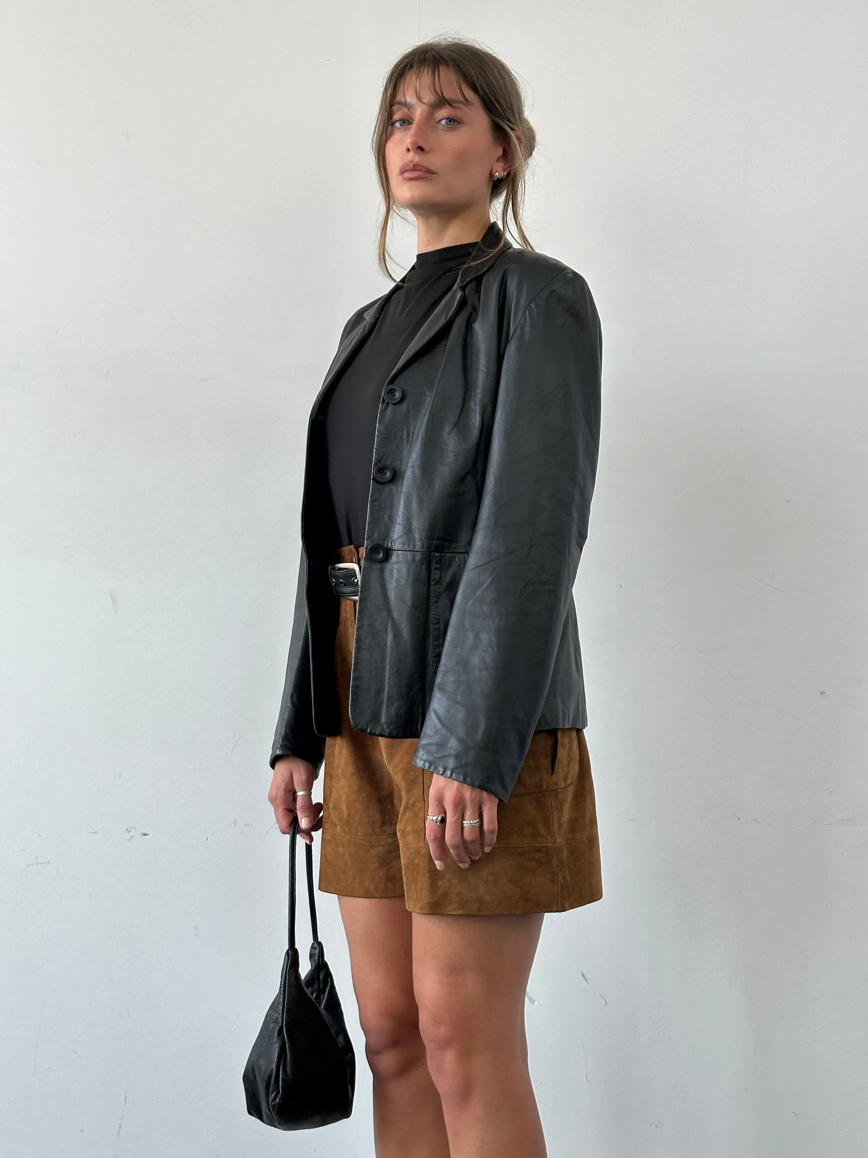 Vintage Fitted Leather Blazer Jacket - S