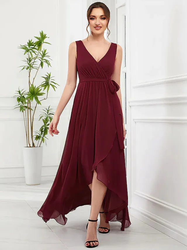 Wedding Guest Dresses Elegant Dress Party Wear Asymmetrical Sleeveless V Neck Chiffon with Ruffles Strappy