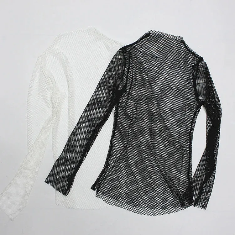 Women Fishnet Mesh See-through Black shirts Long Sleeve Tee Tops