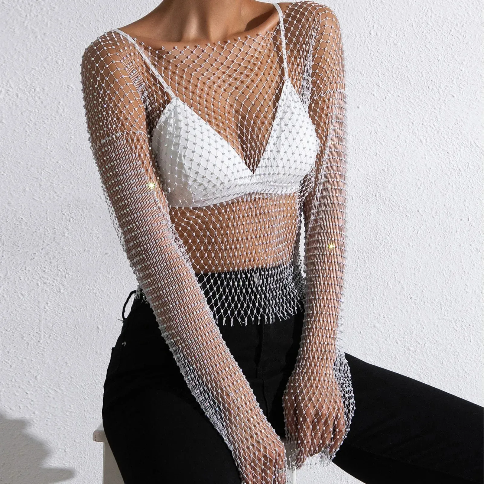 Women Pearl Sexy Glitter Rhinestone Fishnet Top Mesh See-through Tops