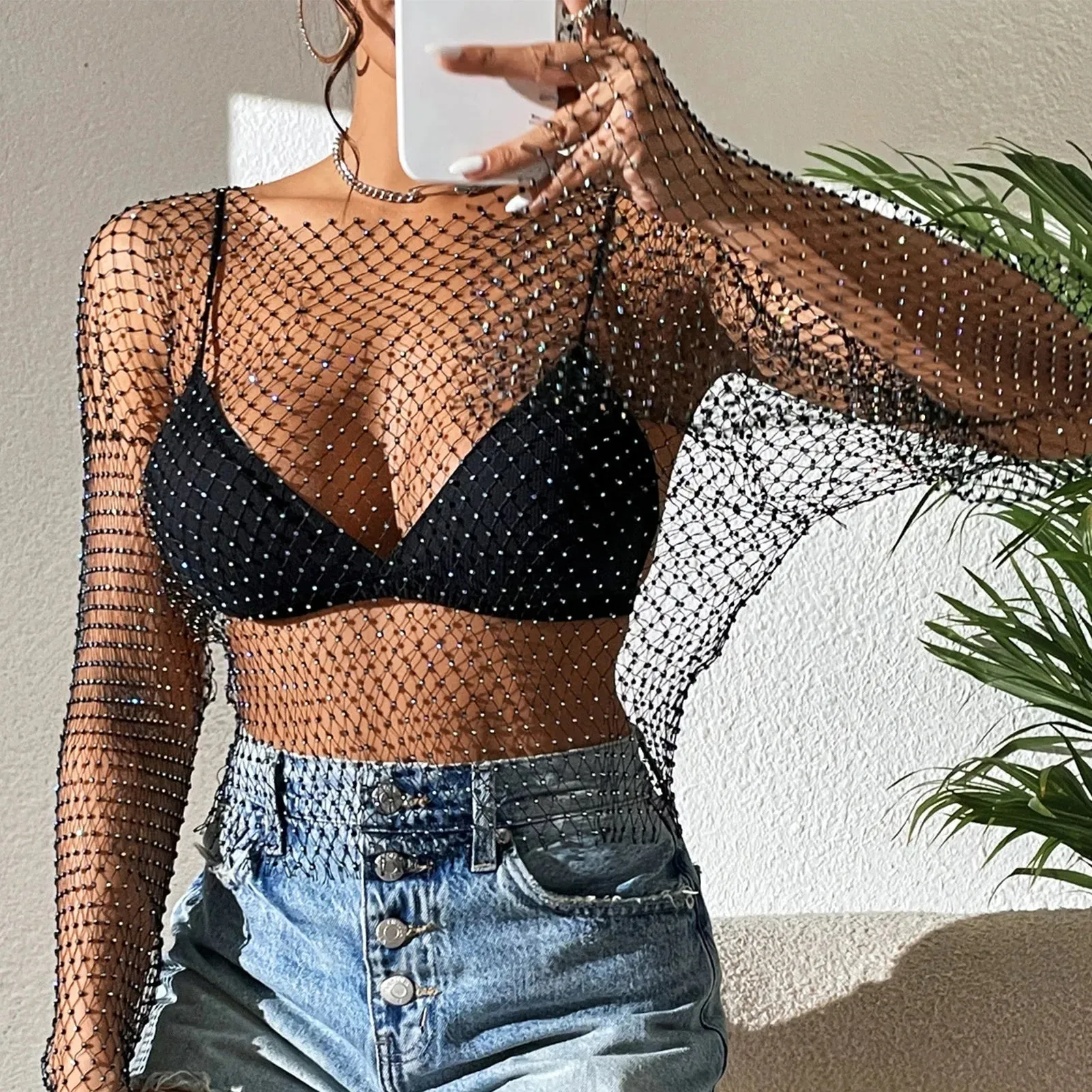 Women Pearl Sexy Glitter Rhinestone Fishnet Top Mesh See-through Tops