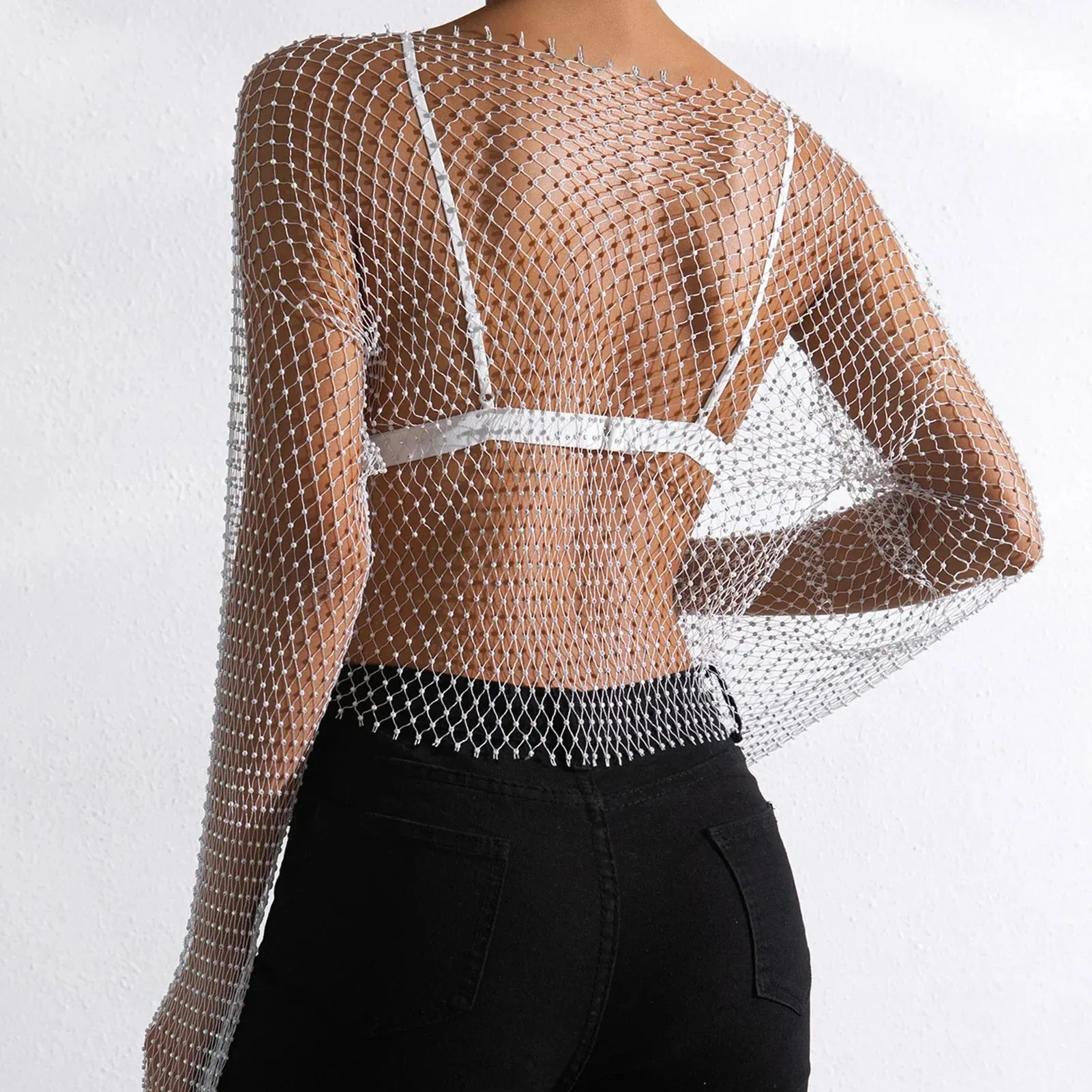 Women Pearl Sexy Glitter Rhinestone Fishnet Top Mesh See-through Tops