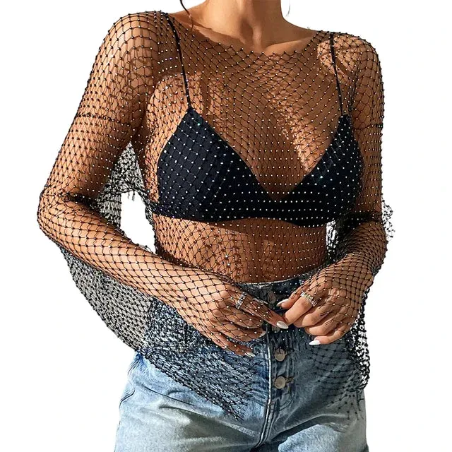 Women Pearl Sexy Glitter Rhinestone Fishnet Top Mesh See-through Tops