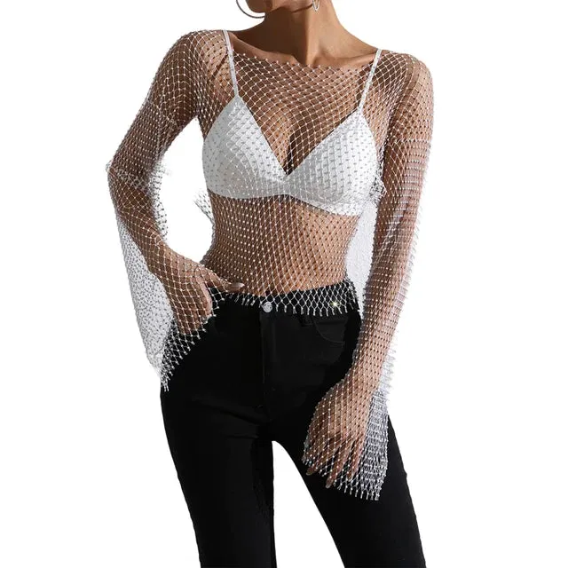 Women Pearl Sexy Glitter Rhinestone Fishnet Top Mesh See-through Tops