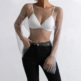 Women Pearl Sexy Glitter Rhinestone Fishnet Top Mesh See-through Tops