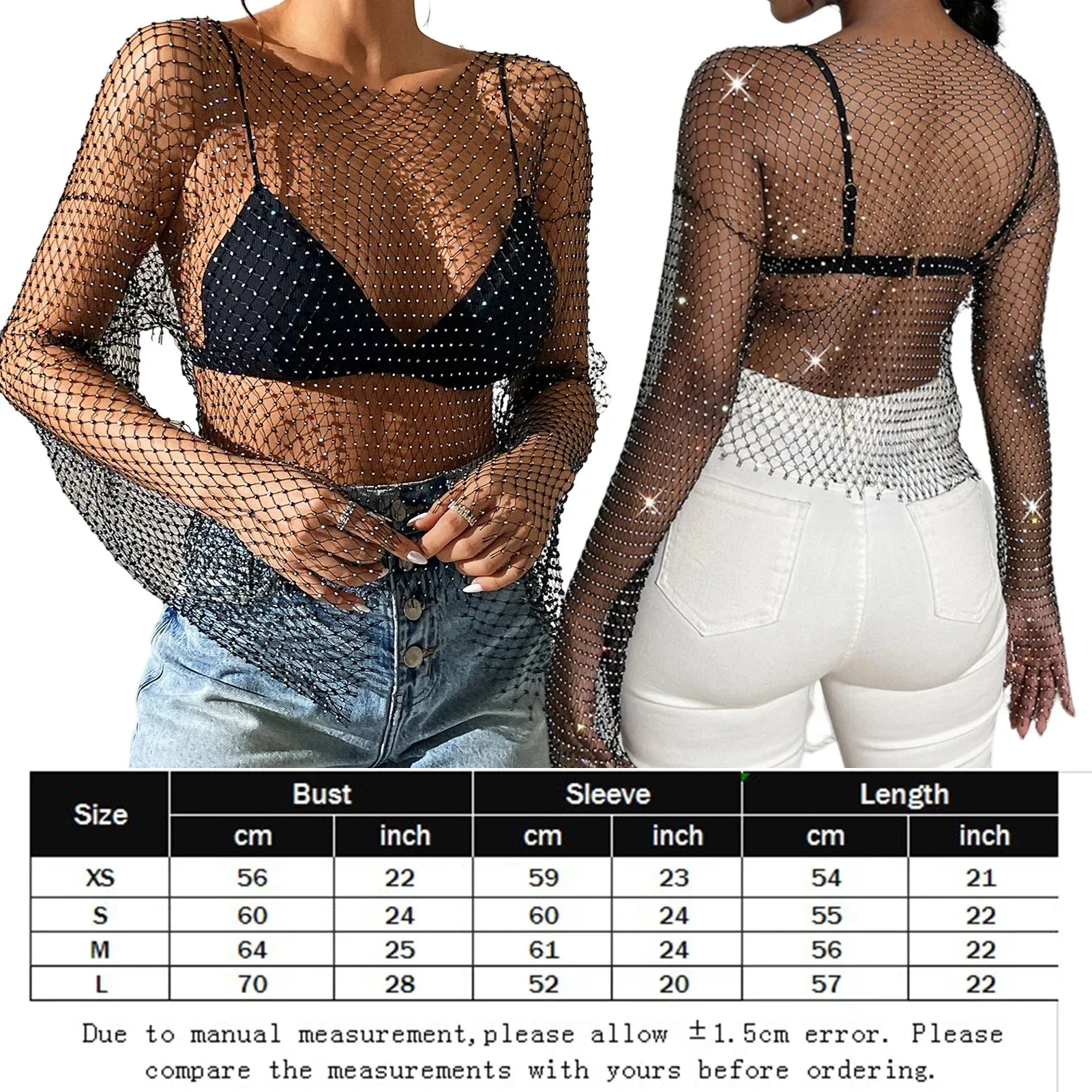 Women Pearl Sexy Glitter Rhinestone Fishnet Top Mesh See-through Tops