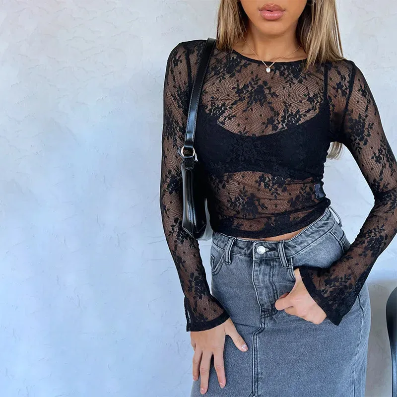 Women See Through Lace Long Sleeve Shirt