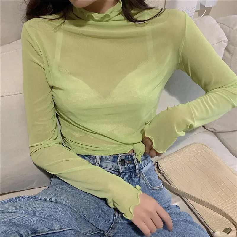 Women Vintage Mesh See-Through Long Sleeve Tops