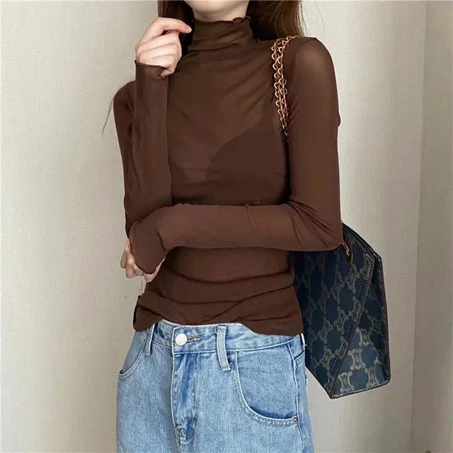 Women Vintage Mesh See-Through Long Sleeve Tops