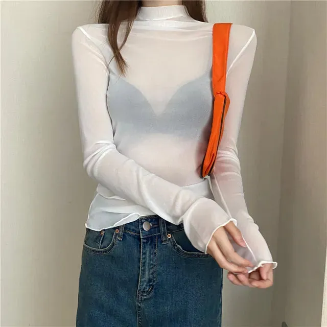 Women Vintage Mesh See-Through Long Sleeve Tops