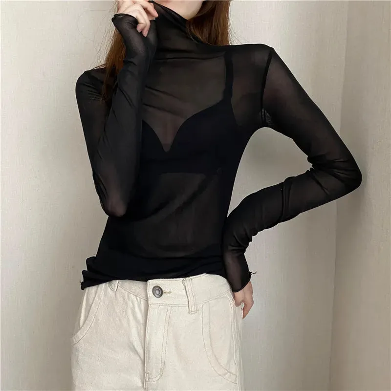 Women Vintage Mesh See-Through Long Sleeve Tops