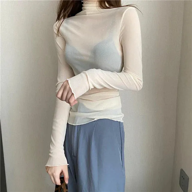 Women Vintage Mesh See-Through Long Sleeve Tops