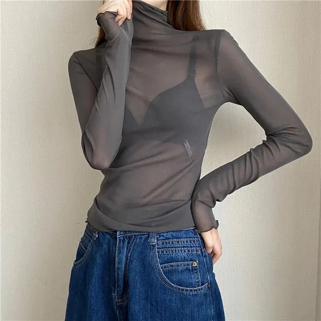 Women Vintage Mesh See-Through Long Sleeve Tops