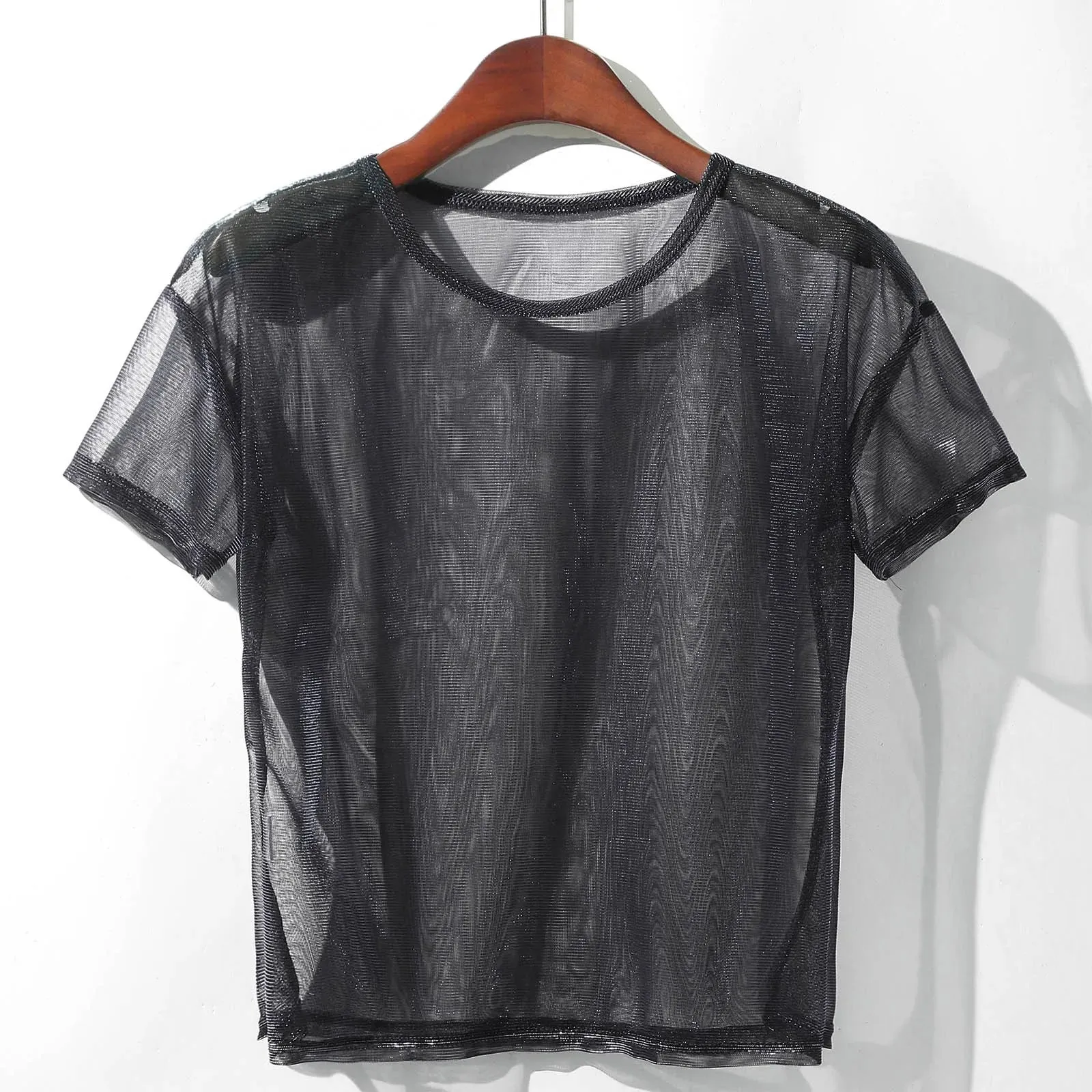 Women's See Through Mesh Blouse Short Sleeve Tops