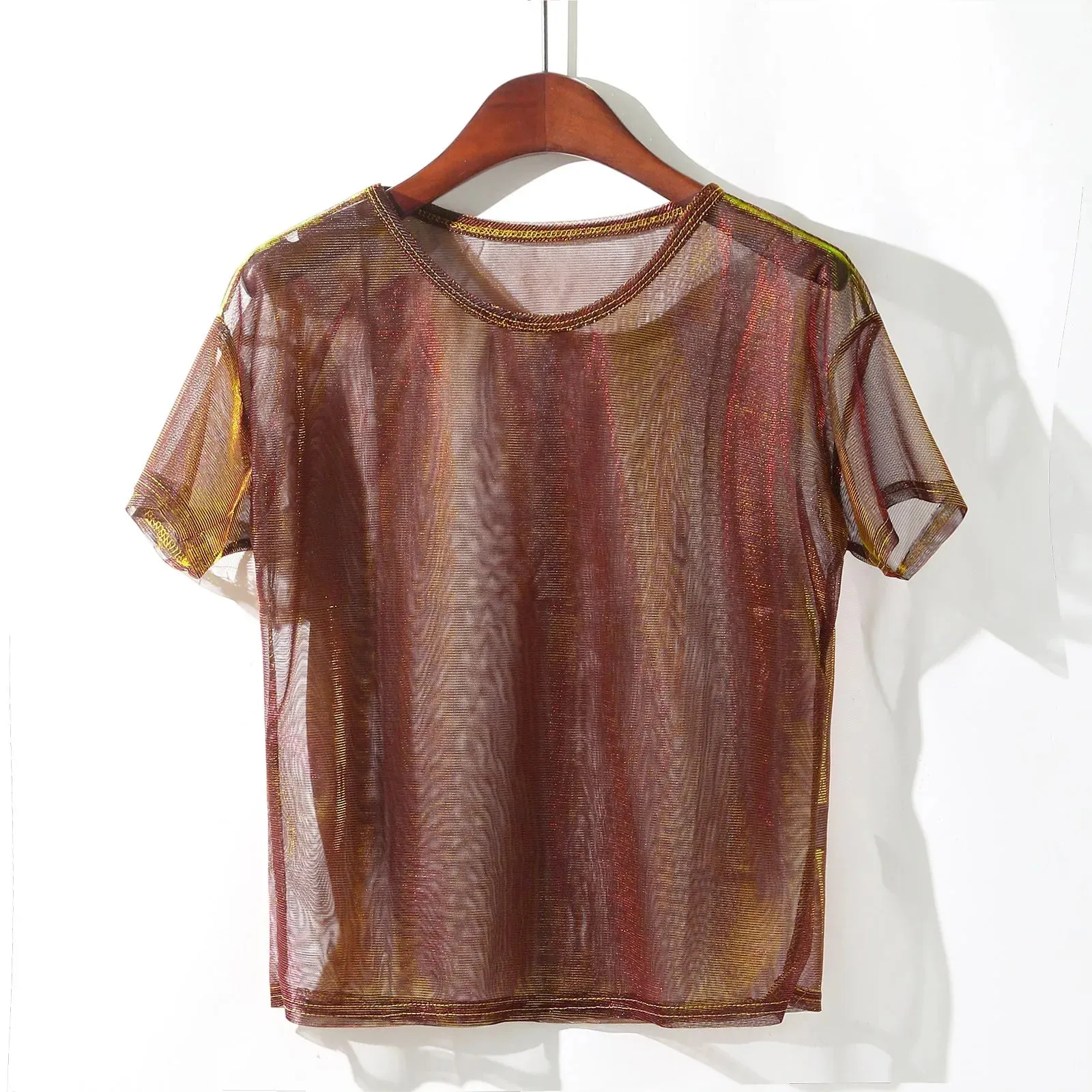 Women's See Through Mesh Blouse Short Sleeve Tops