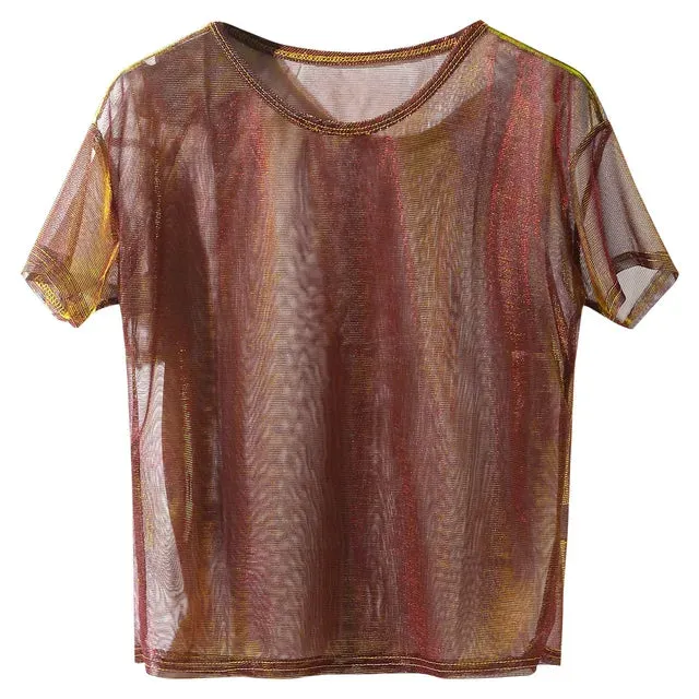 Women's See Through Mesh Blouse Short Sleeve Tops