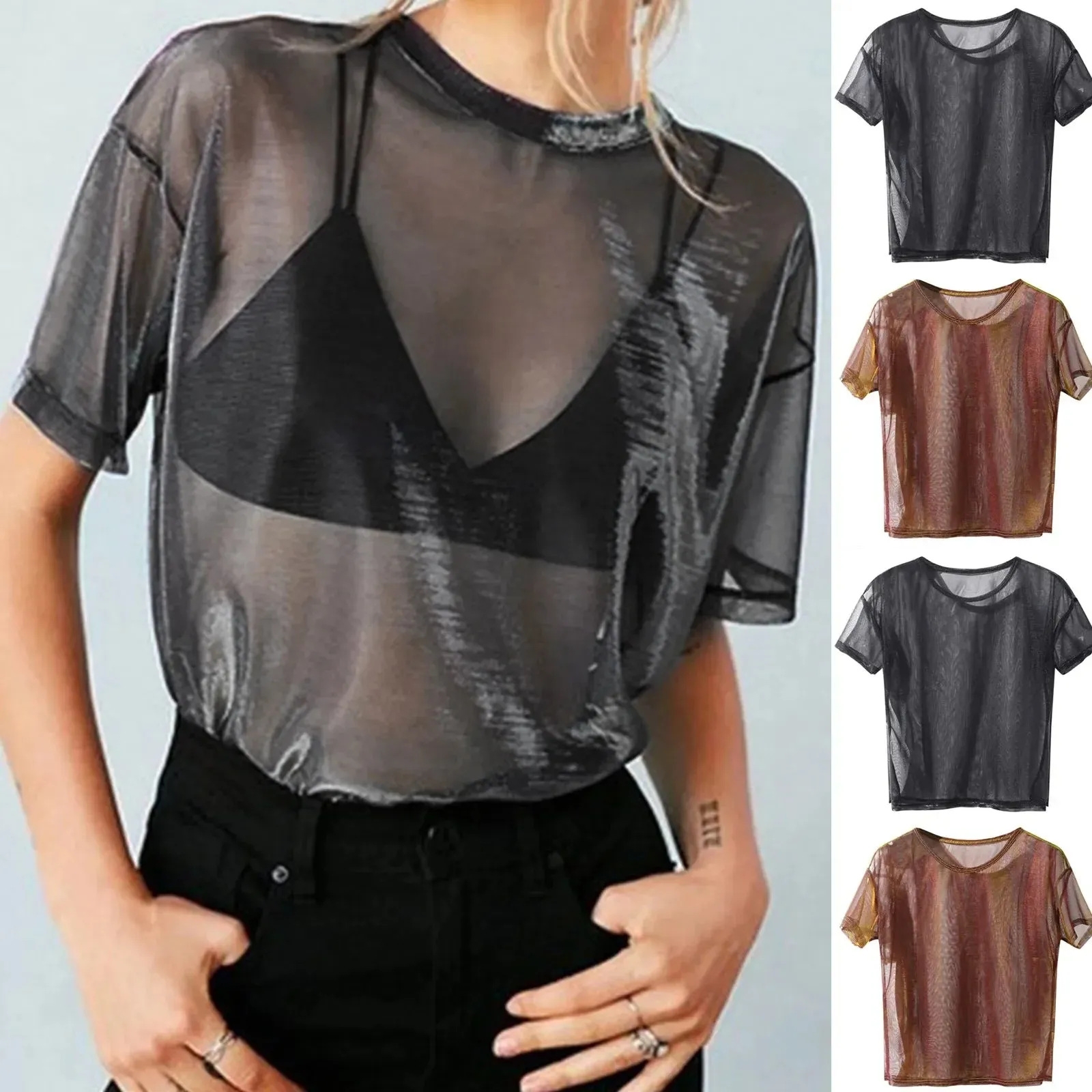 Women's See Through Mesh Blouse Short Sleeve Tops